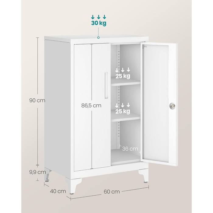 SONGMICS File Cabinet, Multi-Purpose Cabinet, Office Cabinet with 2 Doors, Lockable Cabinet, Steel Storage Cabinet, for Study Room, Living Room, Matte White OMC012W01
