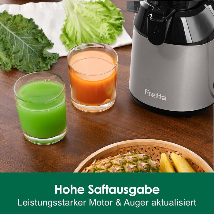 Fretta Slow Juicer with 135mm Opening, Juicer for Vegetables and Fruit Test Winner, 250W Breastfeeding Juicer with Cold Press, Easy Cleaning & Powerful Motor, BPA-free (Grey, 1.8L) 1.8L Grey