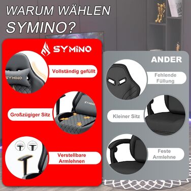 Ігровий крісло Symino - ергономічний офісний крісло в стилі Racing, 200 кг, регульовані підлокітники, PU шкіра, з підніжкою (сірий)