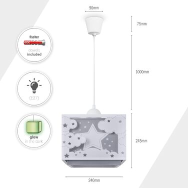 Paco Home Hanging Lamp, Children's Room Ceiling Lamp, Pendant Light, Lampshade, Fabric, E27, Lion, Jungle, Glows in the Dark (Star, Grey)