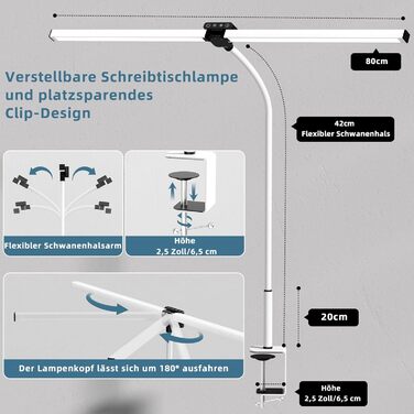 LED лампа для столу Doppelkopf з диммуванням, 24W, 80см, кріпленням, для офісу та дому, з пультом, білий світлодіодний світильник для робочого столу