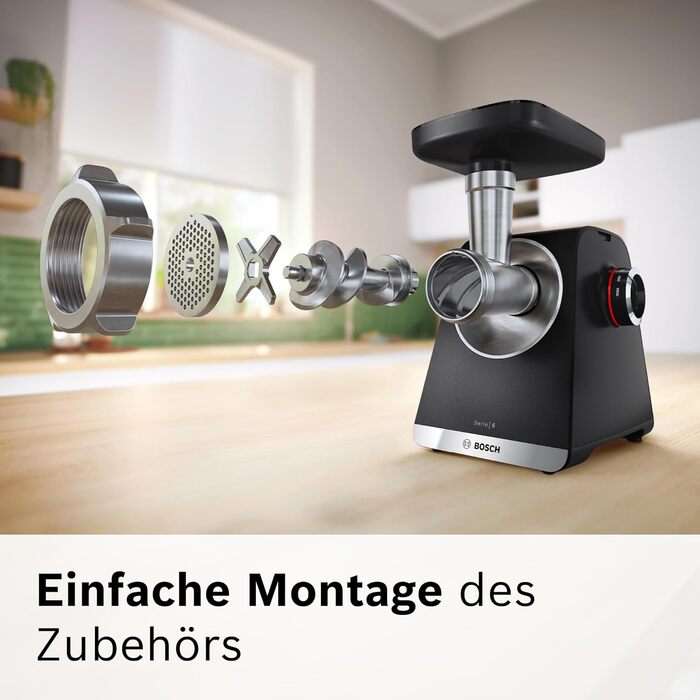 М'ясорубка Bosch MFW68660 срібляста (чорна) 2200 Вт, насадки для ковбас, 4 терки, 3 диски з нержавіючої сталі (3/4.8/8 мм)