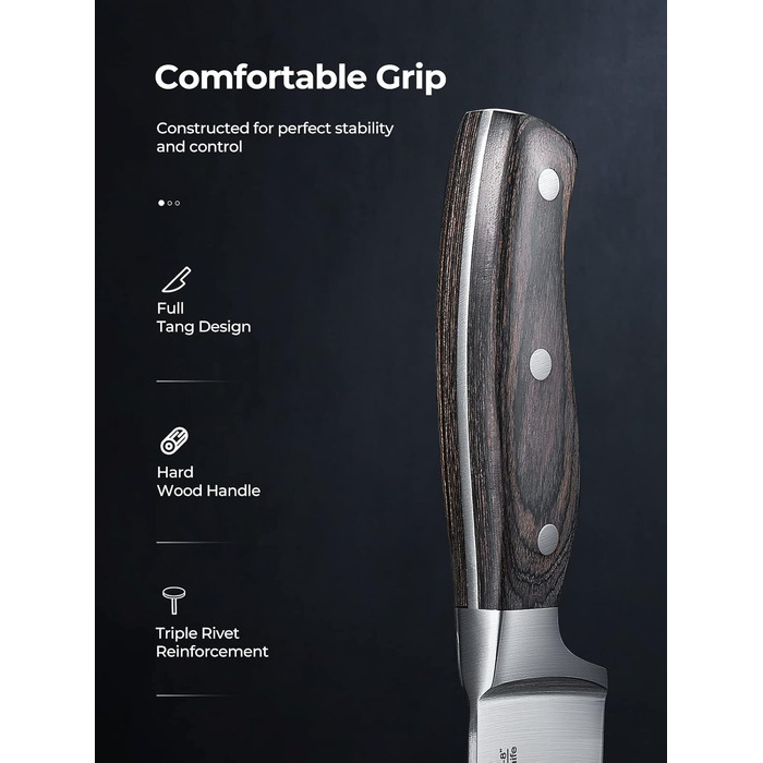 AMEGAT Self-Sharpening Knife Block Set with Carving Fork - Premium Stainless Steel Knife Set with Wooden Block - Vollerl & 3-Rivets Design