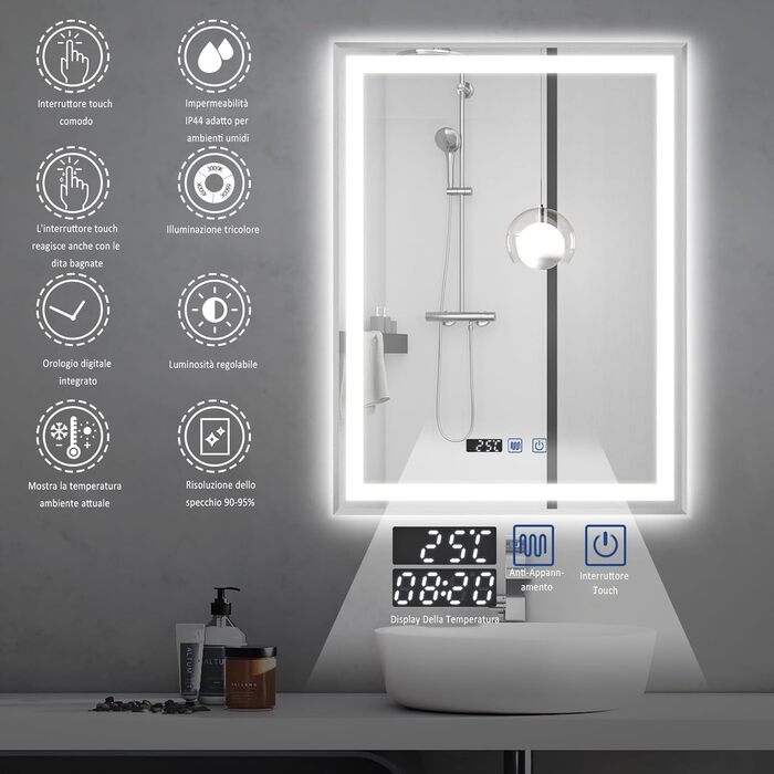 Дзеркало для ванної кімнати YU YUSING з підсвічуванням 60x80 см, антизапітніння, 3 кольори світла, регулювання яскравості, LED, годинник, IP44, металевий каркас, вертикальне, срібне