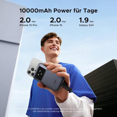 Power Bank UGREEN UNO 10000mAh з USB-C кабелем, 30W, 1 USB-C та 1 USB-A. Сумісний з iPhone 12-16, Galaxy S24 Ultra