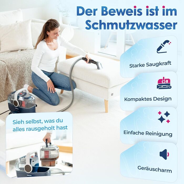 Вашсаугер з пароочищувачем Percy Pro – 1800W, 13kPa, для чищення м'яких меблів та килимів (Блакитний)