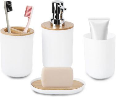 Набір аксесуарів для ванної кімнати на 4 предмети: тримач для зубних щіток, мильниця, дозатор для лосьйону, стакан для ополіскувача, сучасна сантехніка для дому та готелю (білий)