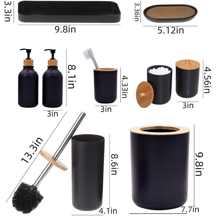Набір аксесуарів для ванної кімнати, 9 шт., бамбук, матовий чорний (відро, дозатор мила, тримач зубних щіток, щітка для унітазу, контейнер для ватних паличок, мильниця)