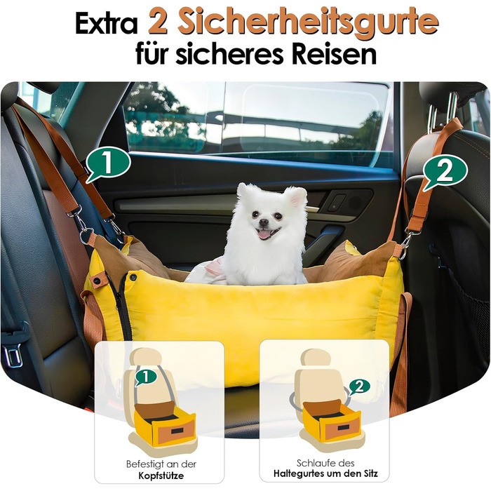 Portable Dog Car Seat for Small & Medium Dogs Under 15KG - Washable Travel Bed with Storage & Safety Belt (Green & Yellow)