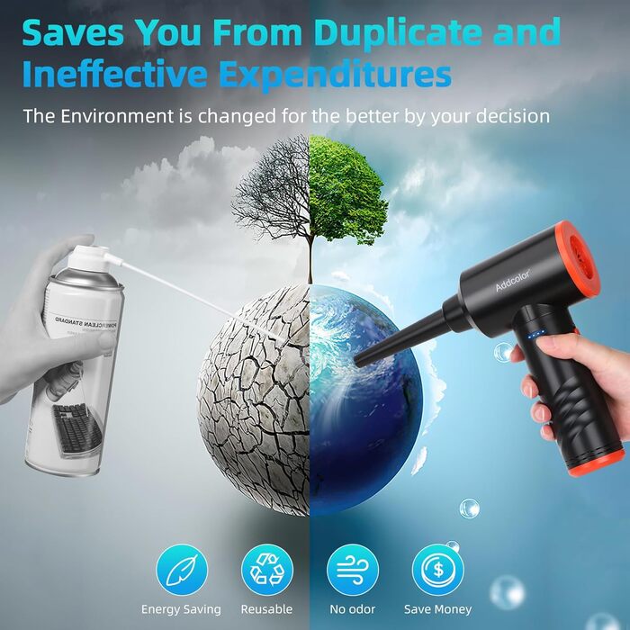 Електричний пилосос для повітряного видування ADDCOLOR, 3 швидкості, 100000 об/хв, LED-підсвічування, акумулятор 6000mAh, набір для чищення ПК, авто, дивану (чорний)