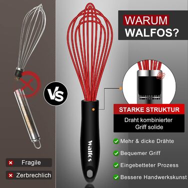 Набір міксерів Walfos 3 шт. з силіконовими вінчиками, червоний, з нержавіючої сталі. Для збивання, змішування та приготування їжі.