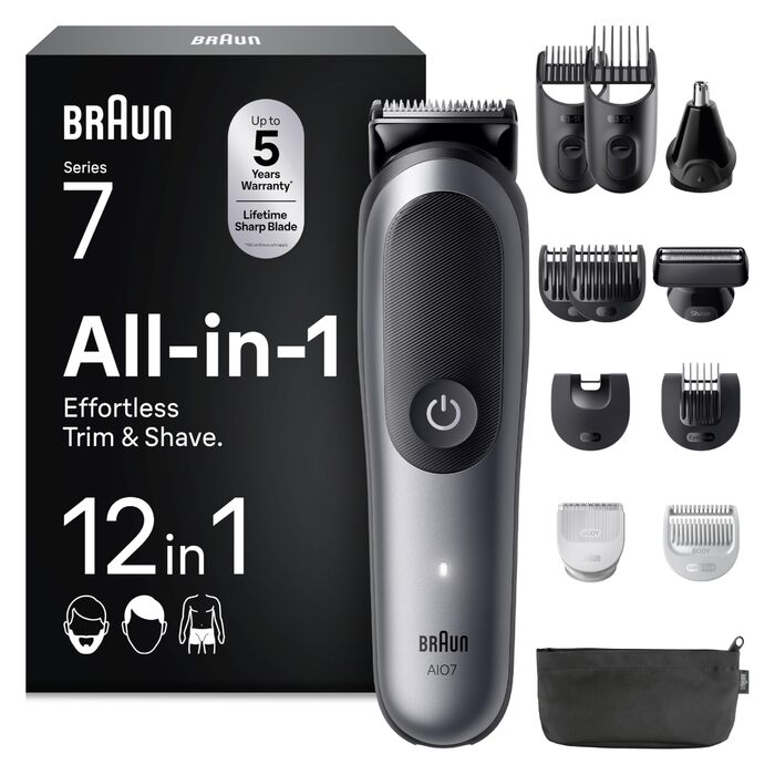 Braun Series 7 All-in-One 12-в-1: Триммер для бороди, носа, волосся (обличчя, тіла, голови) AIO7545, сірий, акумулятор 120 хв, 14 насадок (0.1-21 мм), водонепроникний