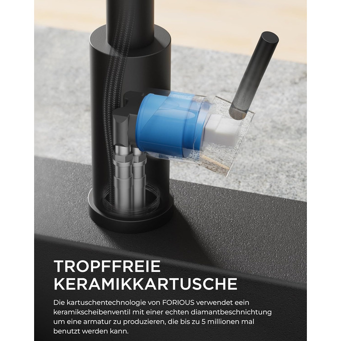 Змішувач для кухні FORIOUS висувний з душем, кухонний змішувач, L-подібний, 2 режими розпилення, поворотний 360°, матовий чорний