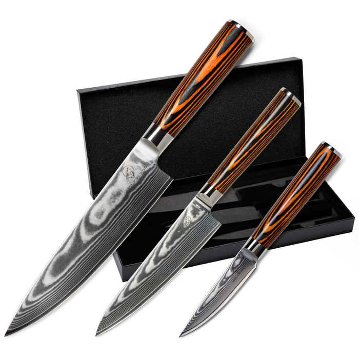 Набір кухонних ножів Wolfblood Damast 3 шт (32/26/20 см) з дамаської сталі 67 шарів, твердість 62 HRC, сертифіковано TÜV + чохол та подарункова коробка