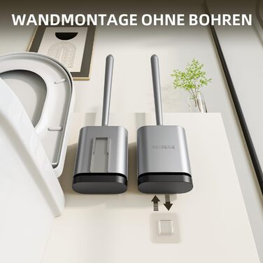 Щітка для унітазу ASOBEAGE з силікону: гнучкий наконечник, ручка з нержавіючої сталі, настінний кріплення, швидковисихаючий тримач для прибирання ванної кімнати (Чорний) (Сірий, 1 шт.)