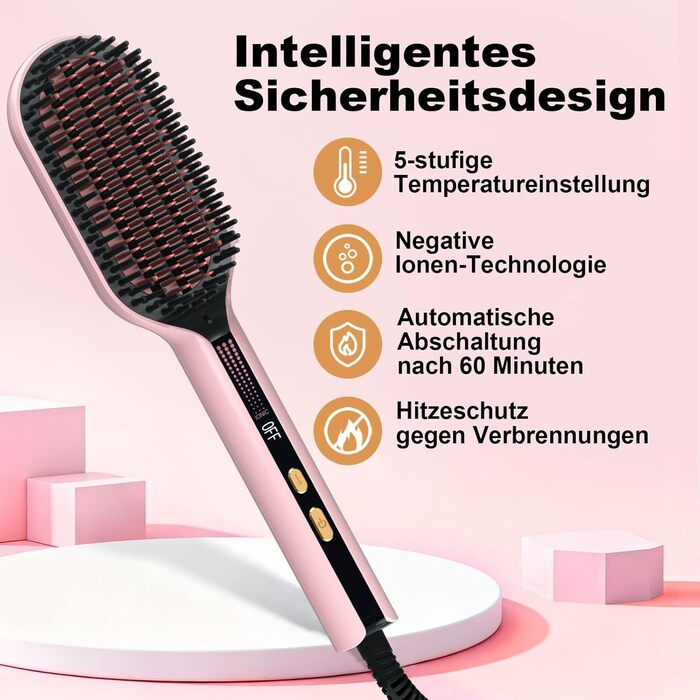 Іонізаційна щітка-випрямляч для волосся iToncs 2-в-1 з захистом від опіків та функцією пам'яті, LCD-дисплей, 5 температурних режимів (120°C-230°C), Dual Voltage, рожева