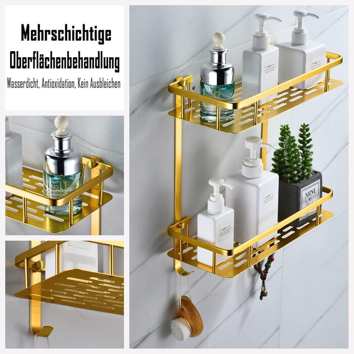 Maifey Shower Shelf Gold, Shower Caddy No Drilling Bathroom Shelf Made of Metal Wall Shelf Shower Basket, Stainless Steel, Adhesive Installation (2 Tier, Light Gold)