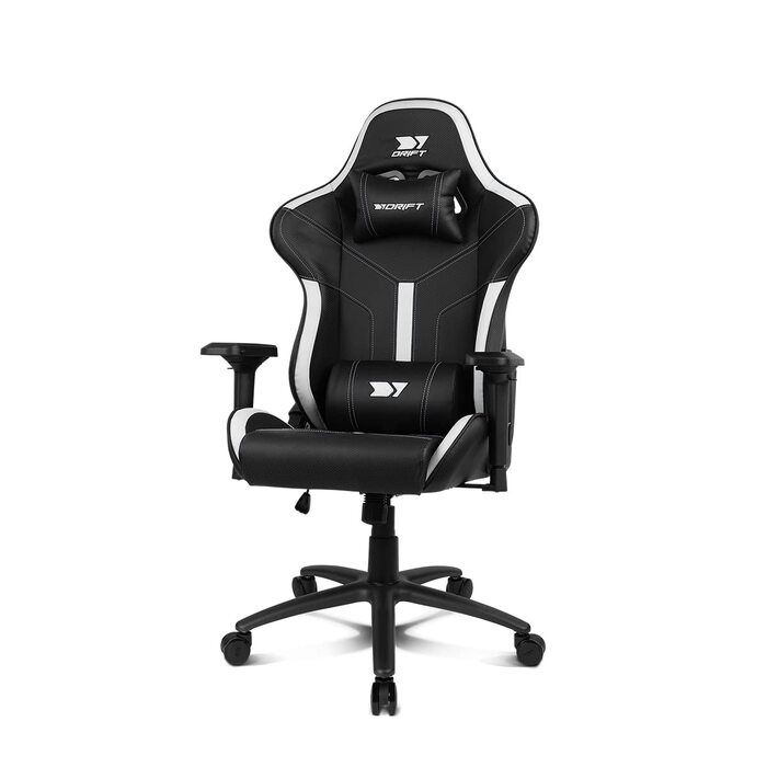 Професійне ігрове крісло DRIFT GAMING DR350 ергономічне, з 4D-підлокітниками, подушками під поперек та шию, нахил 135°, безшумні колеса, чорно-біле