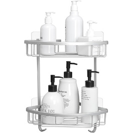 Поличка для душу Gricol Eck-Duschregal без свердління, металева, кутова, з 2 гачками, для ванної кімнати, срібна