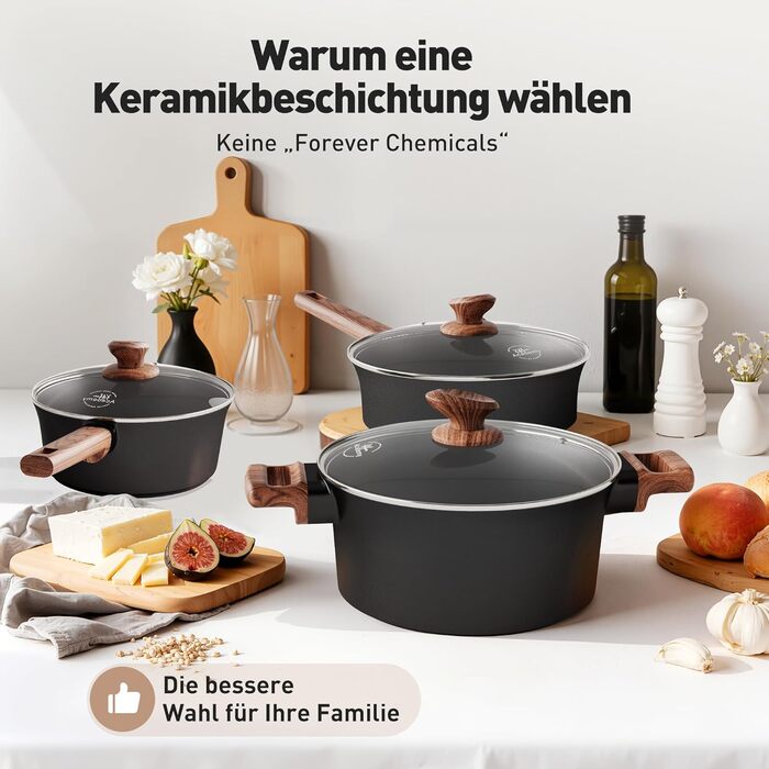 Набір кухонного посуду Kitchen Academy з антипригарним покриттям для індукції, 10 предметів: каструлі та сковороди з керамічним покриттям та скляними кришками