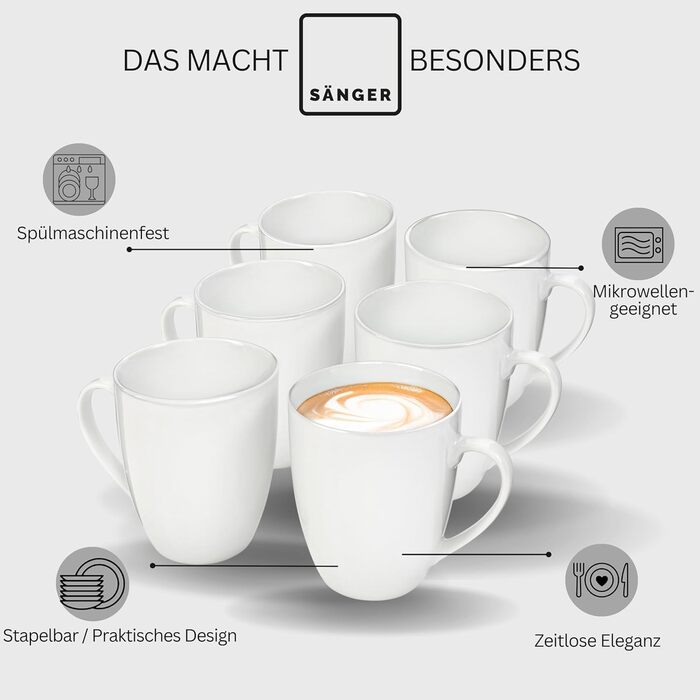 Singer | Marlo 6-Piece Coffee Mug Set, Porcelain Coffee Cups for 6 People, Dishwasher-Safe Coffee Cups & Mugs Set for Coffee & Tea, 350 ml | PREMIUM COLLECTION