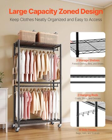 Вешалка для одягу VEVOR з 4 перекладинами, 8 гачками та 385,5 кг вантажопідйомністю, відкрита шафа для одягу, 3 полиці