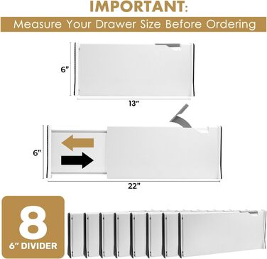 RAPTUROUS Adjustable Deep Drawer Dividers – 6 inches high, expandable 13–22 inches, 8 Pack, Non-Slip Drawer Dividers for Clothes, Dresser, Kitchen, and Office (white)