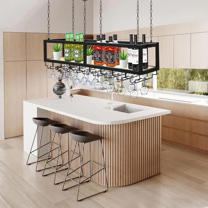 DSVONAUS Ceiling Shelf, Wine Rack, Height-Adjustable Decorative Shelf, Retro Iron and Solid Wood Ceiling Shelf, Single Layer, For Bars/Restaurants/Kitchens (120 * 25 * 100cm)