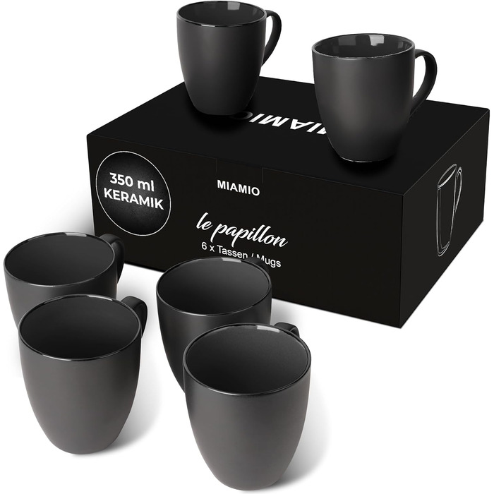 MIAMI - 6 x 350 ml Coffee Cups/Coffee Mugs Set - Set of 6 Modern Cups - Le Papillon Collection (Black)