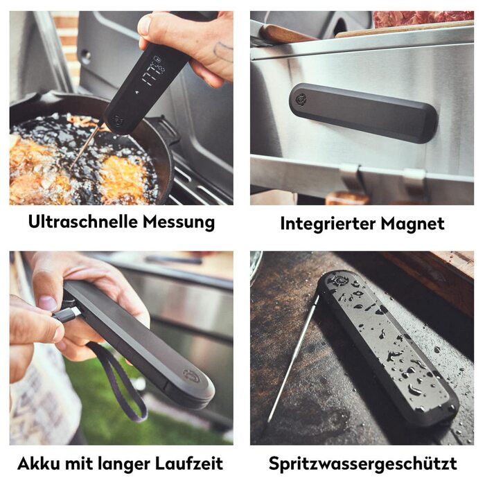 Burnhard Instant-Read Thermometer, Folding, Grill Thermometer + Leather Protective Case, Roast Thermometer, Ultra-Fast Measurement, 1.5mm Probe, 180° Invisible-Off LED Display, USB Rechargeable