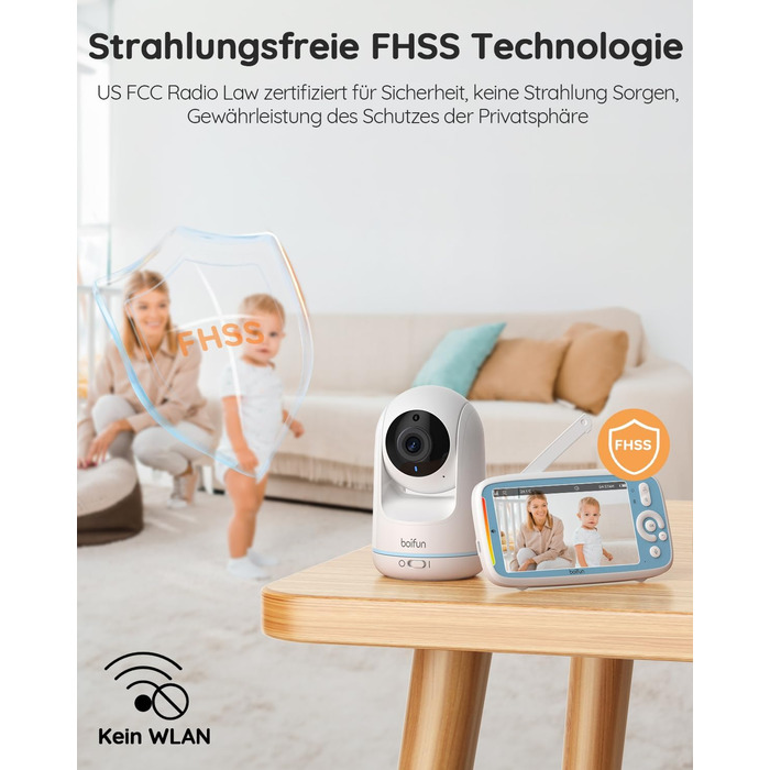 BOIFUN Дитячий відеоняня з камерою, 5' 720P IPS, без Wi-Fi, нічне бачення 360°, датчик шуму/температури, двосторонній зв'язок, радіус дії 300м, Plug & Play, акумулятор 3050mAh, колискові