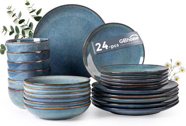 GBHOME Набір посуду з кераміки, 24 частини (12-ти та 24-ти місний), ручної роботи, реактивна глазур, тарілки та миски, стійкий до сколів та тріщин, придатний для миття в посудомийній машині та використання в мікрохвильовці, білий колір (Ceylon Blau)