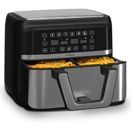 Klarstein Hot Air Fryer, Air Fryer with 2 Chambers, 2850W Compact Hot Air Fryer, 9L Air Fryer with Touch Control Panel, Timer, Preheating, 6 Modes, Large Hot Air Fryer, Air Fryer XL Black Duo Elegance
