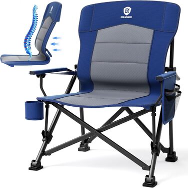 Крісло для кемпінгу EVER ADVANCED складне, 230 кг, XL, широке сидіння 62 см, з кишенею та тримачем для напоїв, для відпочинку на природі, риболовлі, балкону, саду (блакитне, підтримка попереку)