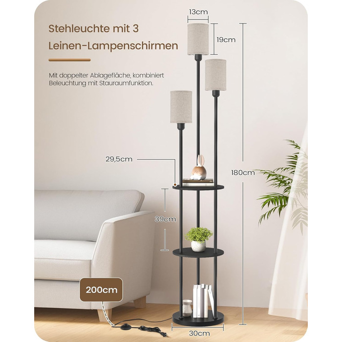 Стельова лампа для вітальні з поличкою, 3-хламкова лампа на ніжці з полицею Vintage, Бохо підлогова лампа з дерева з вимикачем на ніжці, патрон E27, ретро-дизайн, рустикальний коричнево-бежевий колір ZEF53LDD05 (Бежевий, Чорний)