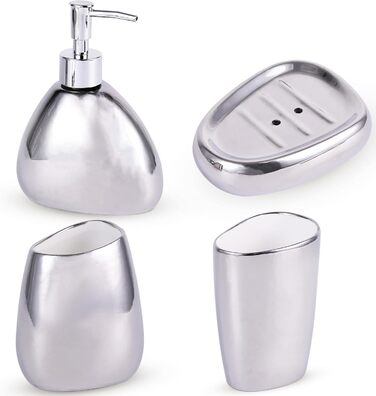 XYQXYQ Elegant 4-Piece Galvanized Ceramic Bathroom Set, featuring a lotion dispenser, mouth rinse cup, soap dish, and toothbrush holder, modern bathroom decoration set (white) (silver)