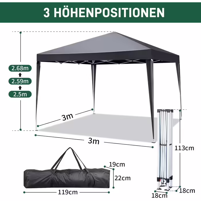 3x3m Gazebo, Pop-up Folding Gazebo, Waterproof, Winterproof, Adjustable Height, UV Protection 50+, Steel Frame, for Garden, Party, Camping, Outdoor, with 4 Side Panels, Dark Grey