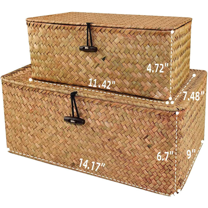 Woven Rattan Storage Basket, Storage Box with Lid, Seagrass, Laundry Baskets, Makeup Organizer for Bathroom, Living Room, Kitchen
