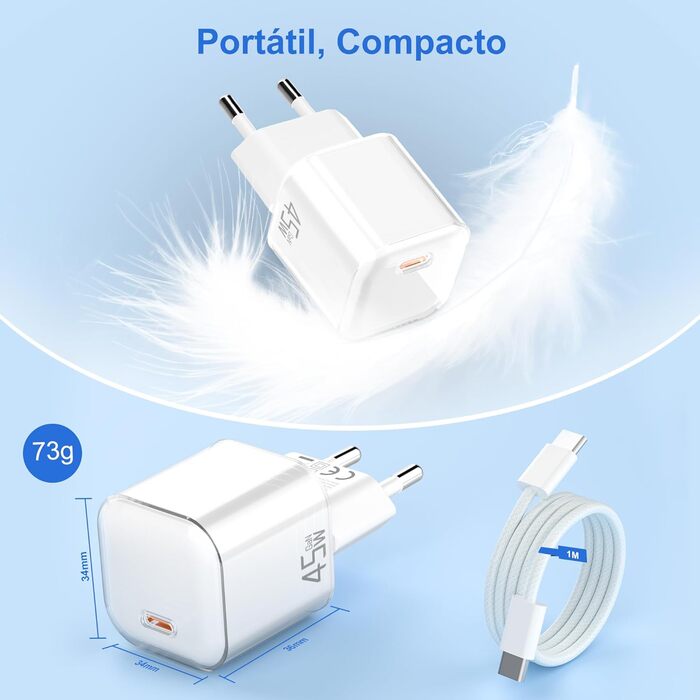 Зарядний пристрій USB-C YISH 45W з кабелем Type-C 60W: Швидка зарядка, PD 3.0, адаптер живлення для смартфонів та планшетів