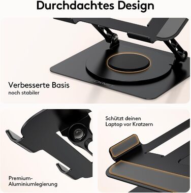 Підставка для ноутбука TECKNET 360° регульована по висоті, металева, ергономічна, для MacBook, Dell (до 17.3 дюймів), чорна