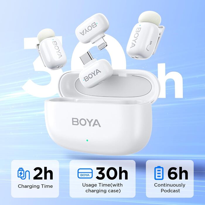 BOYA Mini 2: Бездротовий петличний мікрофон для iPhone 15/16/17 та Android (USB-C), 48kHz/24Bit, для Vlogging та TikTok, білий