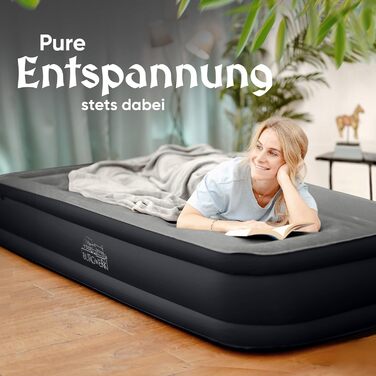 Надувне ліжко 3-в-1 | Гостьове та кемпінгове ліжко | Надувна матрац з електропомпою 150x200 | Самостійно надувна повітряна матрац (1 особа, Чорний/Антрацит)