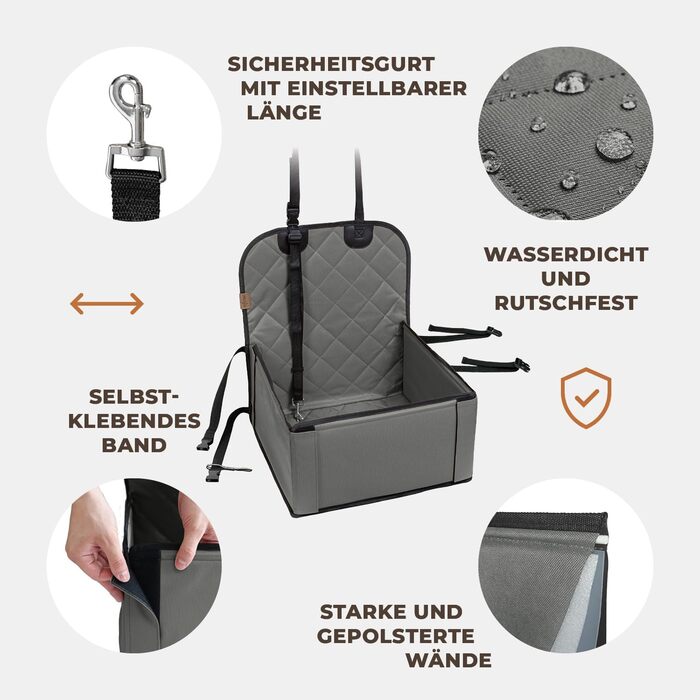 Extra Stable Dog Car Seat - High-Quality Car Seat for Small to Medium Dogs - Reinforced Walls and 3 Straps - Waterproof Dog Car Seat for Back and Front Seat (Gray)