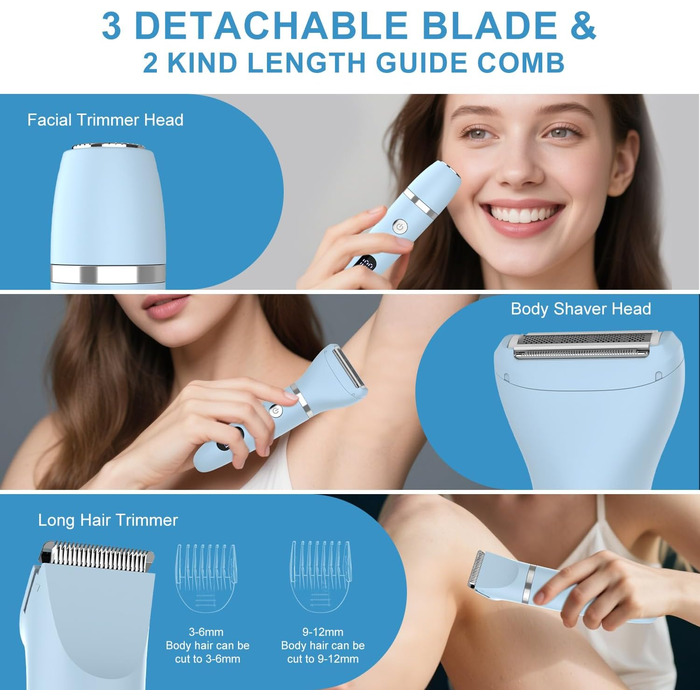 Електричний жіночий триммер 3-в-1 для обличчя, тіла та зони бікіні. Вологостійкий, з LCD-дисплеєм (Блакитний)