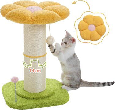 Flower Cat Tree - Small Cat Tree for Indoor Cats with Super Thick Scratching Post [Dia=14cm], Detachable Flower Cat Bed, Feather Ball - (Yellow)