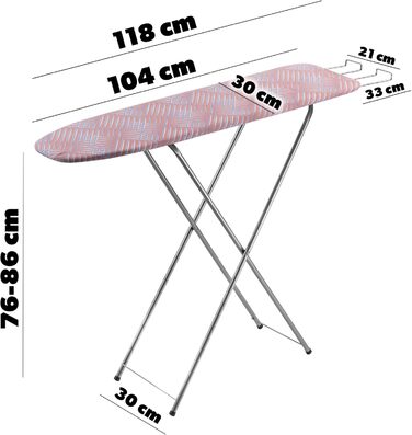 КADAX Прасувальна дошка з полицею, 104x30 см, прасувальна станція з підставкою для праски, компактна, з підкладкою з піни (персикова)