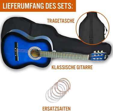 Класична гітара 3rd Avenue 4/4-Klassikgitarre з нейлоновими струнами, повний розмір, початковий набір – блакитний Blueburst