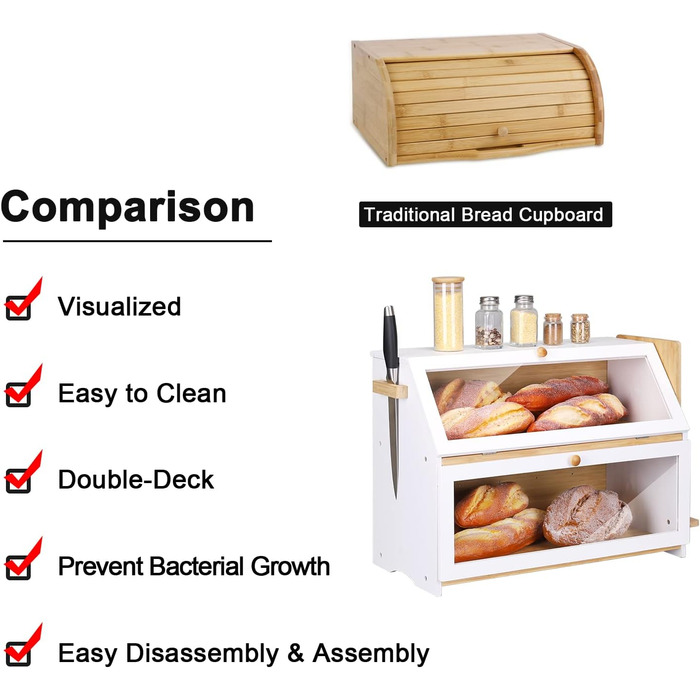 Leader Accessories Бамбуковий хлібний ящик з 2 ярусами, з дощечкою для нарізання, харчовий, легкий у догляді, 50x25x37 см, білий
