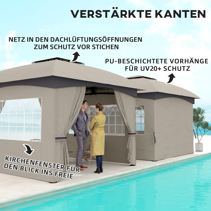 Outsunny Gazebo approx. 3.4x3.4 m water-resistant garden gazebo with 4 side panels, double roof, party tent with UV protection garden tent with galvanized metal frame, for garden light grey | Aosom