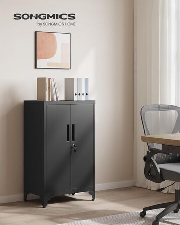 SONGMICS File Cabinet, Multi-Purpose Cabinet, Office Cabinet with 2 Doors, Lockable Cabinet, Steel Storage Cabinet, for Study Room, Living Room, Matte White OMC012W01 (60B cm, Matte Black)